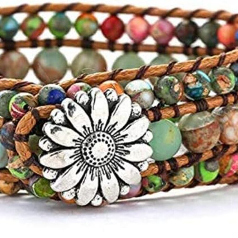 Boho Handmade Natural Stone Bead 3 Row Wide Wrap Wrist Statment Bracelet Jewelry